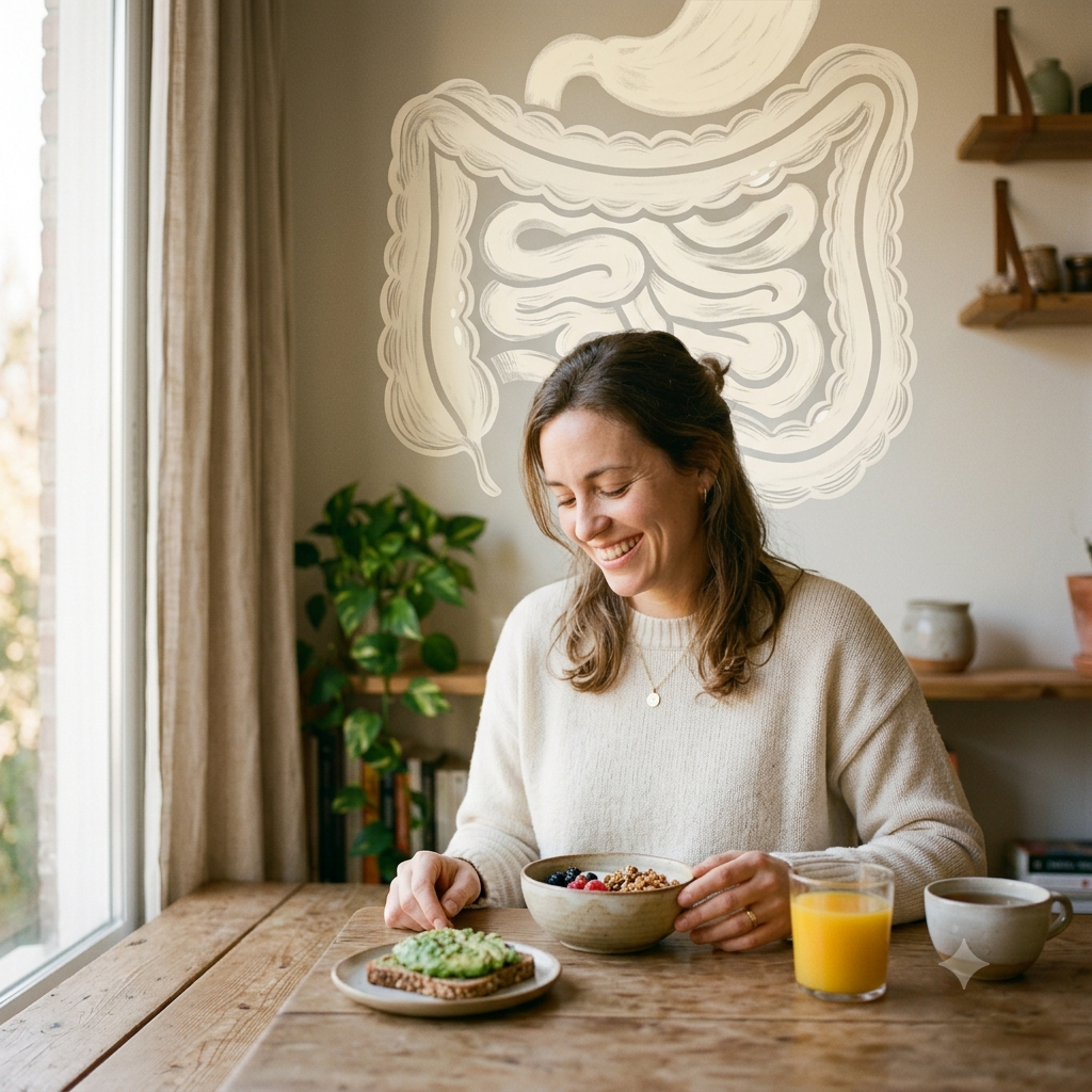 Persona desayunando y sonriendo por la mañana