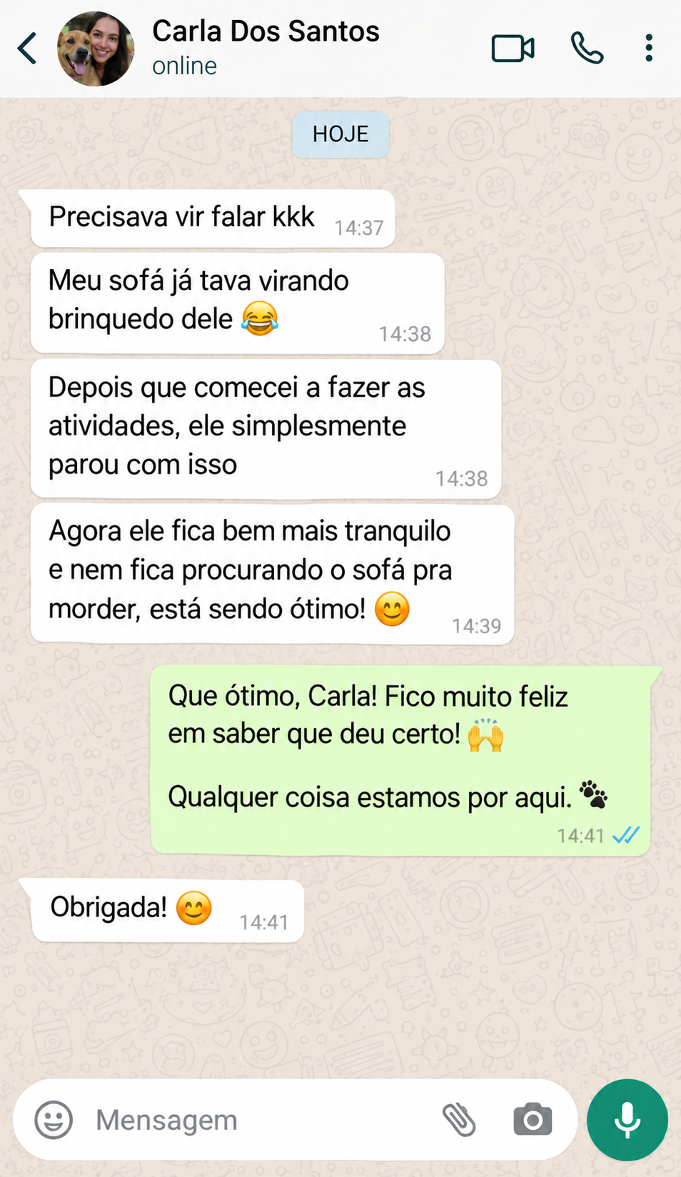 Tutor satisfeito com o Desafio Cão Calmo